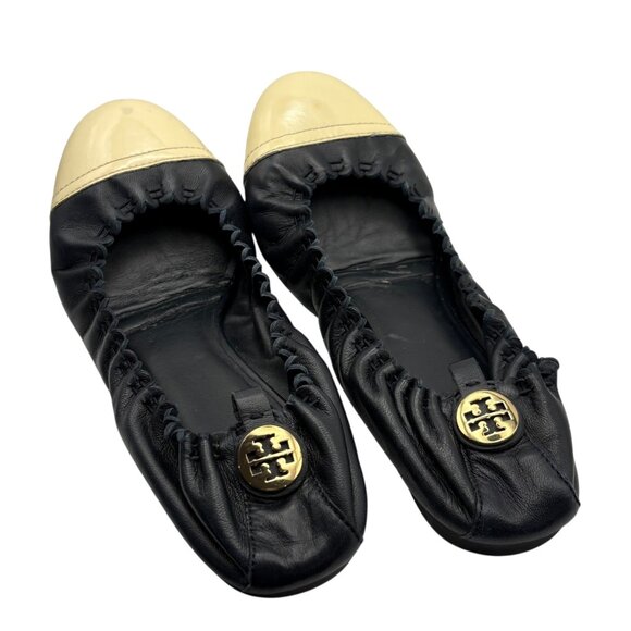Tory Burch Womens Black & Cream Leather Cap Toe Ballet Flats Size 7.5 - Picture 2 of 4